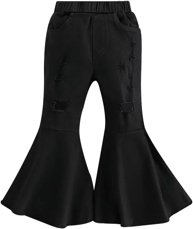 IWEMEK Toddler Girls Ruffle Ripped Jeans Bell Bottom Flare Pants Ripped Denim Leggings Trousers Elastic Waist Ruffle Pants