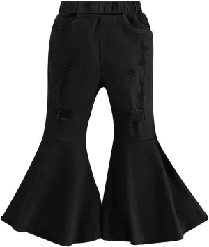 IWEMEK Toddler Girls Ruffle Ripped Jeans Bell Bottom Flare Pants Ripped Denim Leggings Trousers Elastic Waist Ruffle Pants