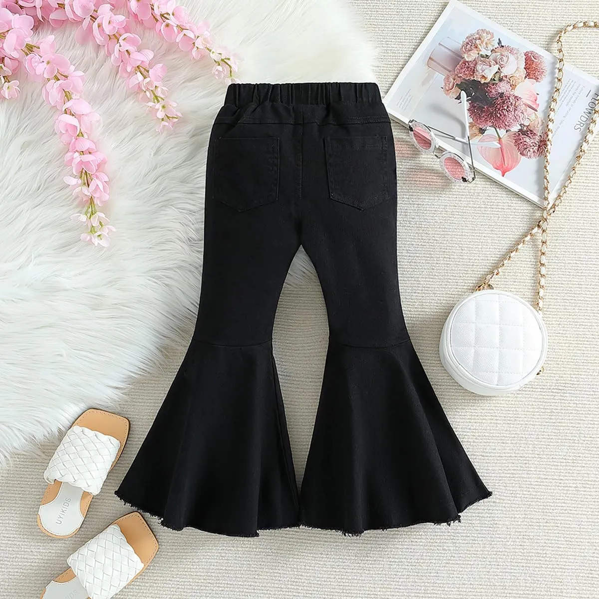IWEMEK Toddler Girls Ruffle Ripped Jeans Bell Bottom Flare Pants Ripped Denim Leggings Trousers Elastic Waist Ruffle Pants
