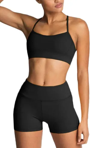 IWEMEK Women's Workout Sets 2 Piece Yoga Outfits High Waisted Biker Shorts and Cross Back Sports Bra Gym Set