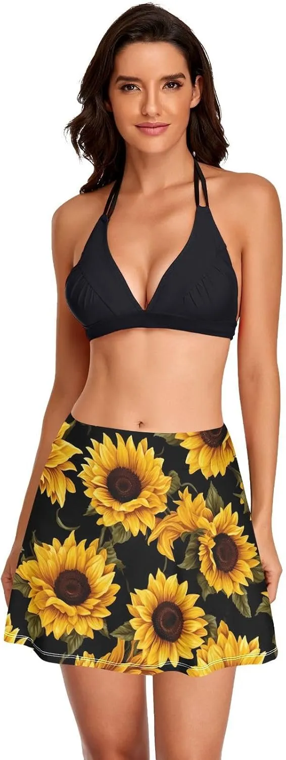 J JOYSAY Yellow Sunflowers Black Swim Skirt for Women Women's Waistband Swimdress with Panty