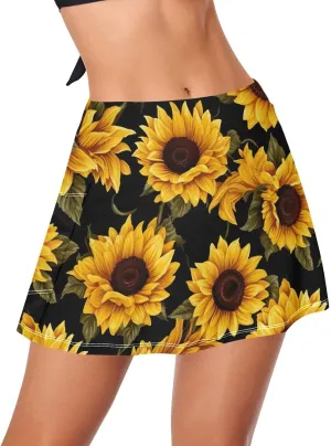 J JOYSAY Yellow Sunflowers Black Swim Skirt for Women Women's Waistband Swimdress with Panty