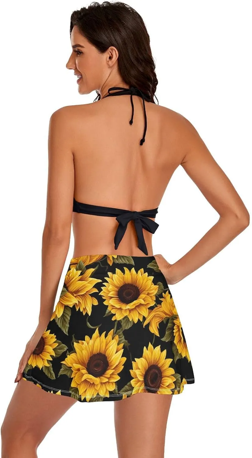J JOYSAY Yellow Sunflowers Black Swim Skirt for Women Women's Waistband Swimdress with Panty