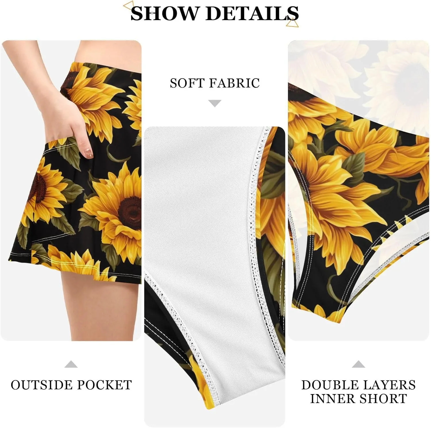 J JOYSAY Yellow Sunflowers Black Swim Skirt for Women Women's Waistband Swimdress with Panty
