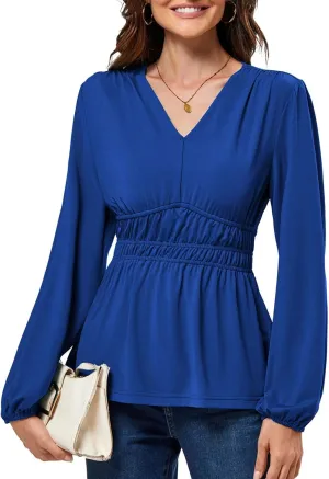JASAMBAC Women's Elegant V Neck Peplum Tops Shirred Elastic Waist Long Sleeve Shirts Wrap Casual Business Work Blouses