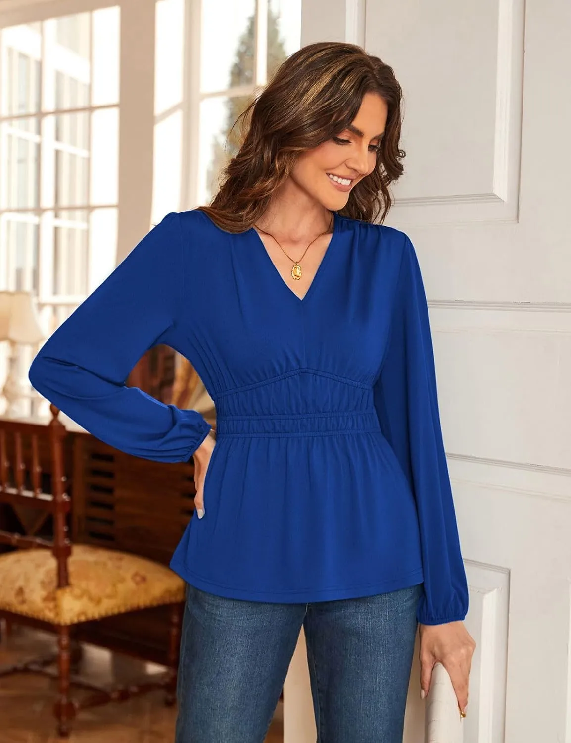 JASAMBAC Women's Elegant V Neck Peplum Tops Shirred Elastic Waist Long Sleeve Shirts Wrap Casual Business Work Blouses
