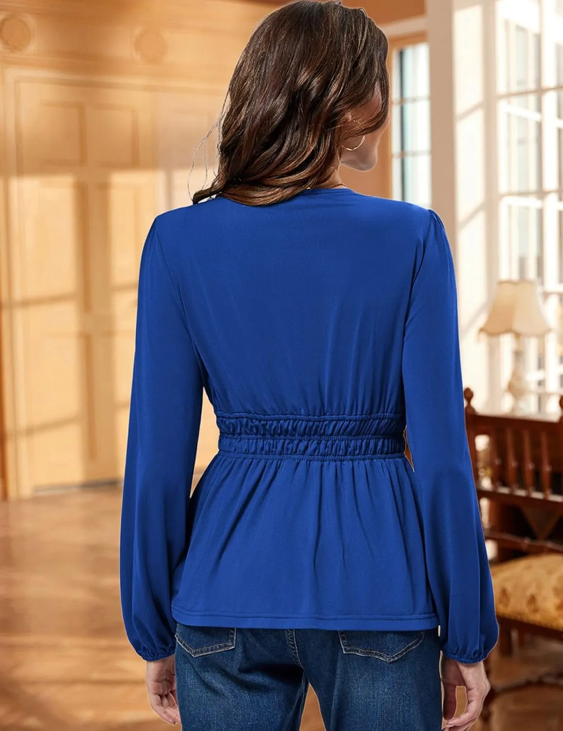 JASAMBAC Women's Elegant V Neck Peplum Tops Shirred Elastic Waist Long Sleeve Shirts Wrap Casual Business Work Blouses