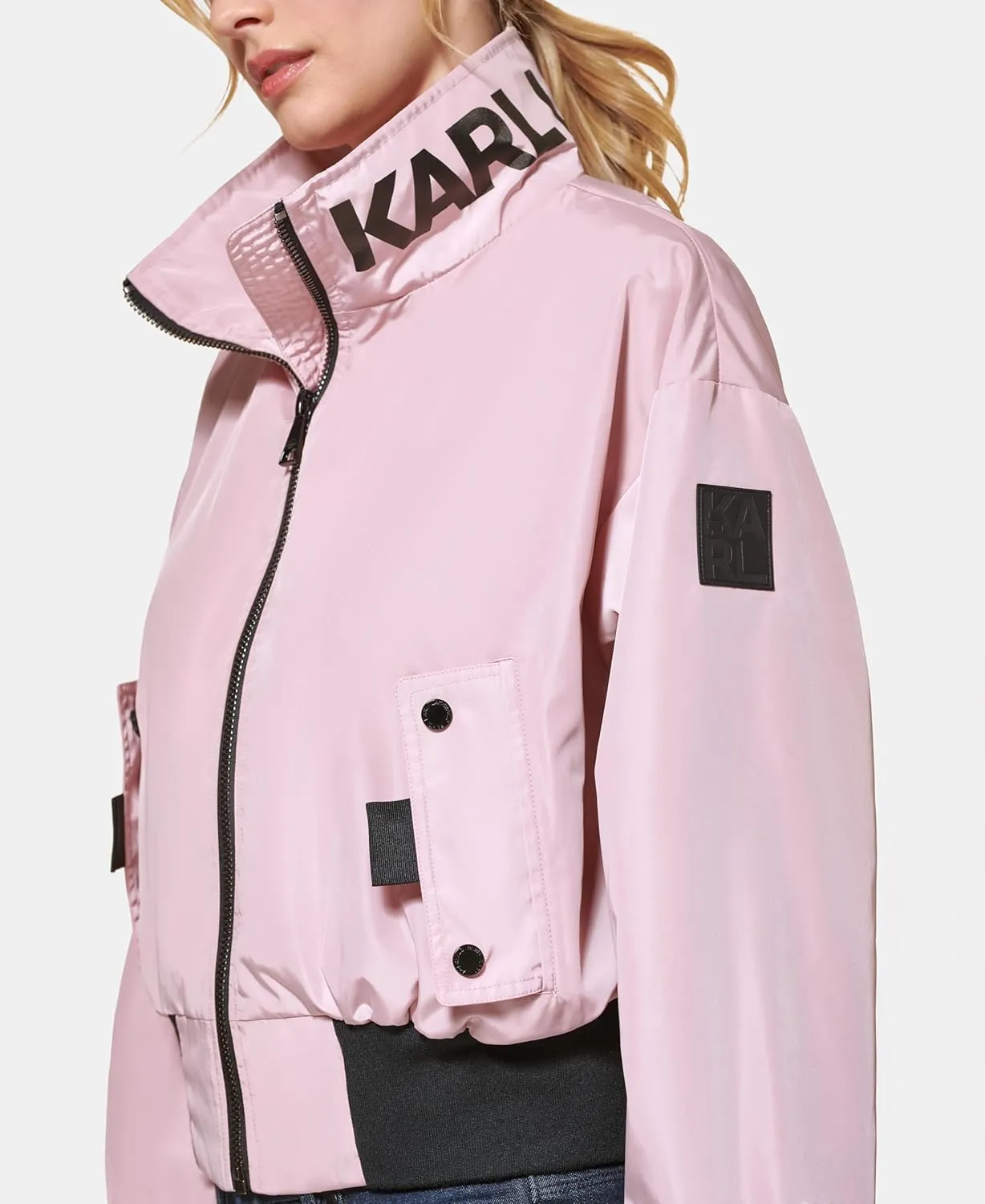 KARL LAGERFELD Women's Paris Short Anorack With Logo Sleeve Jacket