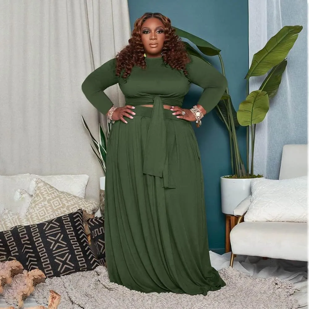 KELOVEPAN Plus Size Maxi Skirt Sets Women 2 Piece Outfits Sexy Clubwear Long Sleeve Tie Up Top Maxi Skirt Set Dress