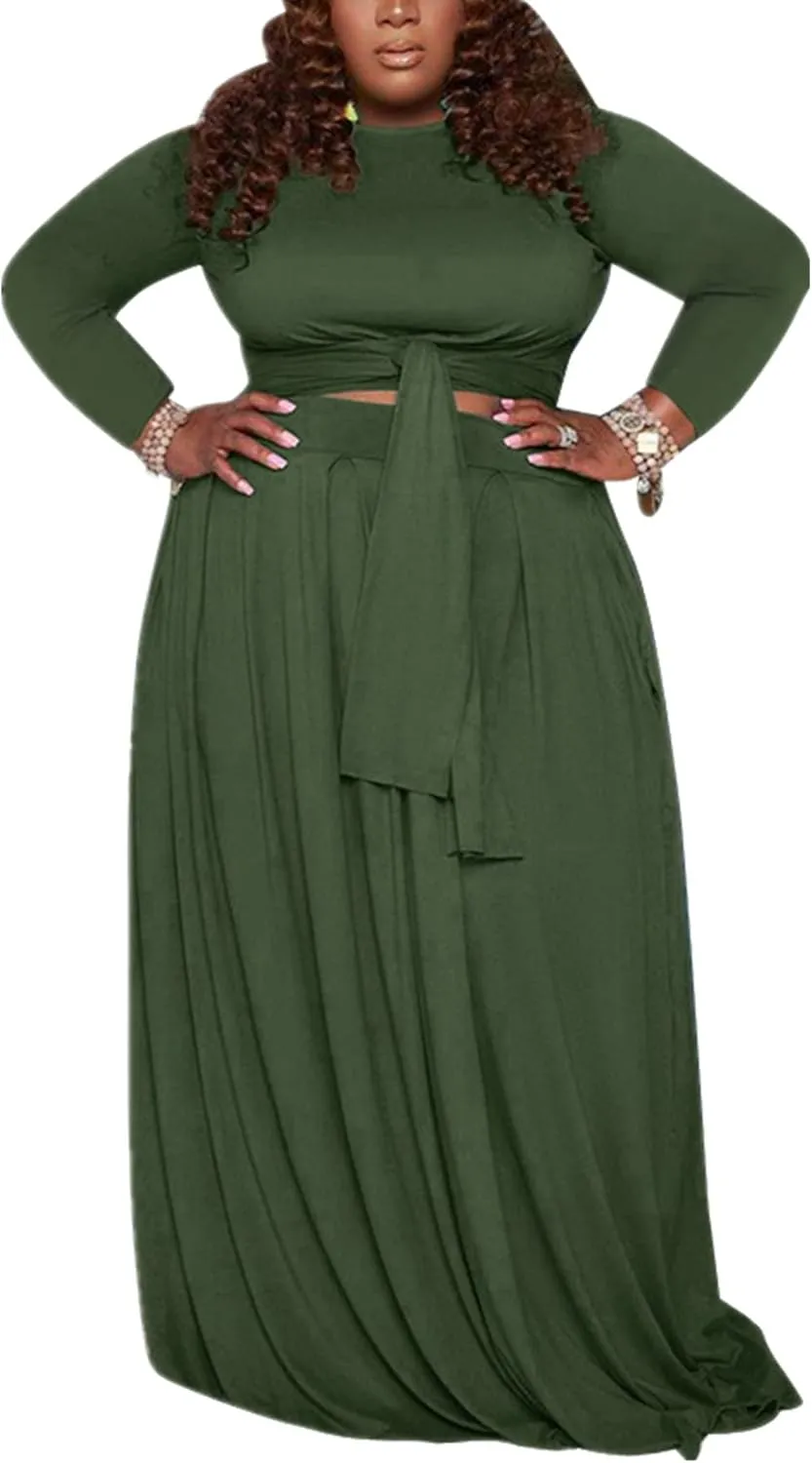 KELOVEPAN Plus Size Maxi Skirt Sets Women 2 Piece Outfits Sexy Clubwear Long Sleeve Tie Up Top Maxi Skirt Set Dress