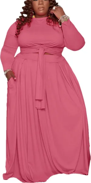 KELOVEPAN Plus Size Maxi Skirt Sets Women 2 Piece Outfits Sexy Clubwear Long Sleeve Tie Up Top Maxi Skirt Set Dress