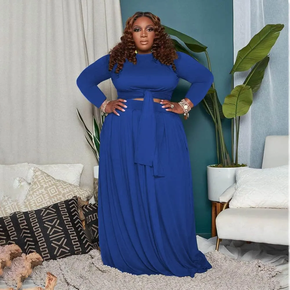 KELOVEPAN Plus Size Maxi Skirt Sets Women 2 Piece Outfits Sexy Clubwear Long Sleeve Tie Up Top Maxi Skirt Set Dress