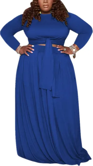 KELOVEPAN Plus Size Maxi Skirt Sets Women 2 Piece Outfits Sexy Clubwear Long Sleeve Tie Up Top Maxi Skirt Set Dress