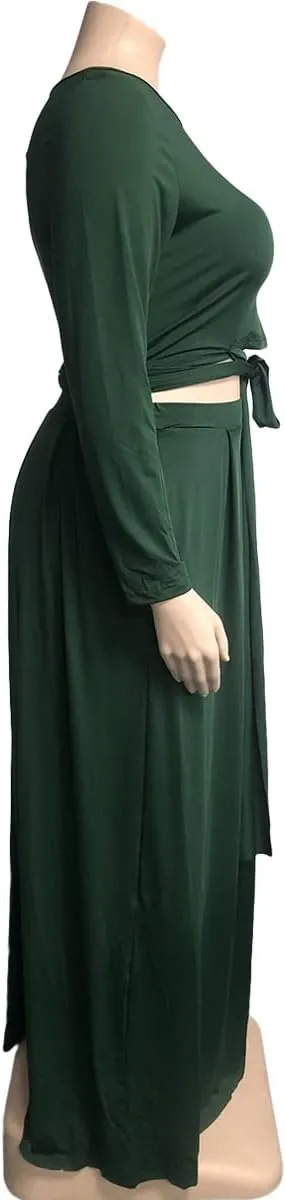 KELOVEPAN Plus Size Maxi Skirt Sets Women 2 Piece Outfits Sexy Clubwear Long Sleeve Tie Up Top Maxi Skirt Set Dress
