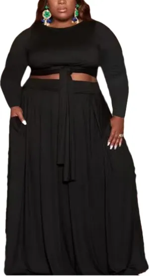 KELOVEPAN Plus Size Maxi Skirt Sets Women 2 Piece Outfits Sexy Clubwear Long Sleeve Tie Up Top Maxi Skirt Set Dress