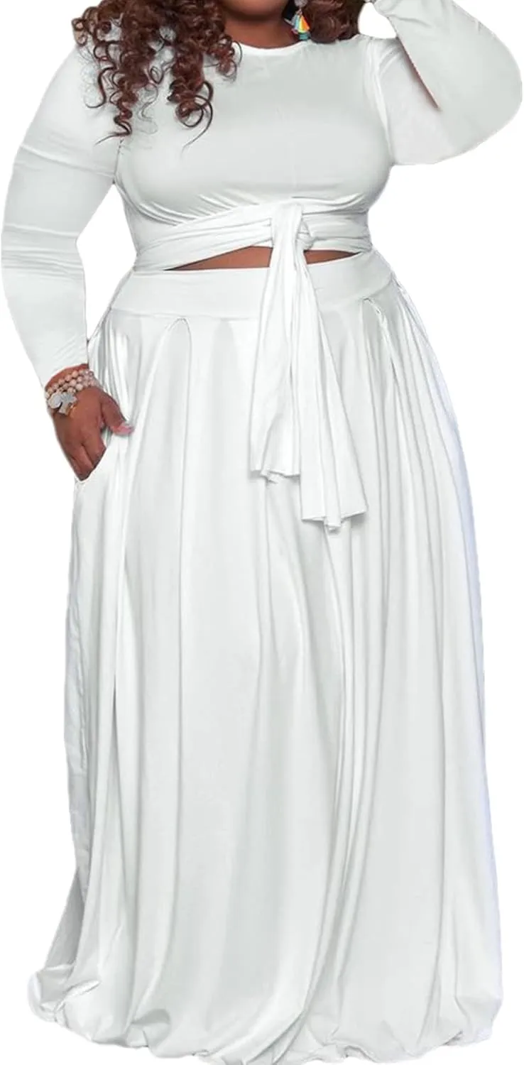 KELOVEPAN Plus Size Maxi Skirt Sets Women 2 Piece Outfits Sexy Clubwear Long Sleeve Tie Up Top Maxi Skirt Set Dress