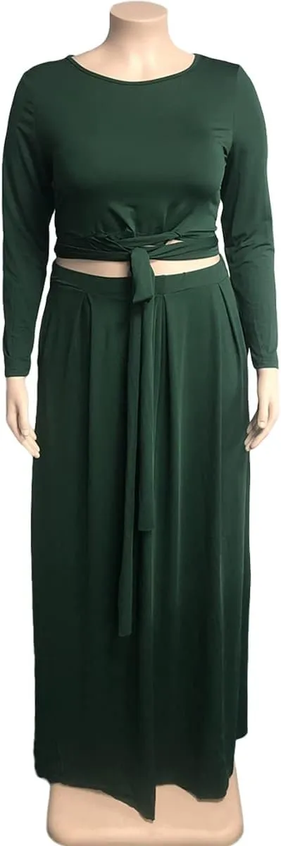 KELOVEPAN Plus Size Maxi Skirt Sets Women 2 Piece Outfits Sexy Clubwear Long Sleeve Tie Up Top Maxi Skirt Set Dress