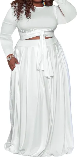 KELOVEPAN Plus Size Maxi Skirt Sets Women 2 Piece Outfits Sexy Clubwear Long Sleeve Tie Up Top Maxi Skirt Set Dress