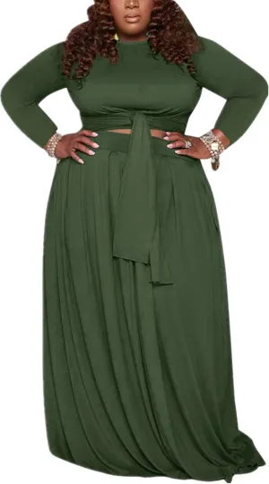 KELOVEPAN Plus Size Maxi Skirt Sets Women 2 Piece Outfits Sexy Clubwear Long Sleeve Tie Up Top Maxi Skirt Set Dress