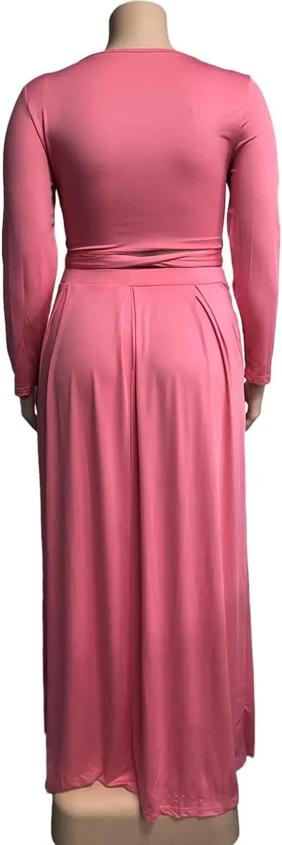 KELOVEPAN Plus Size Maxi Skirt Sets Women 2 Piece Outfits Sexy Clubwear Long Sleeve Tie Up Top Maxi Skirt Set Dress