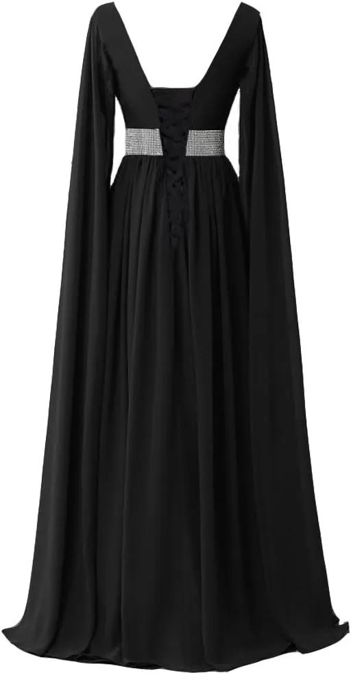 Kivary V Neck Long Sleeves Chiffon A Line Goddess Prom Vintage Evening Dresses