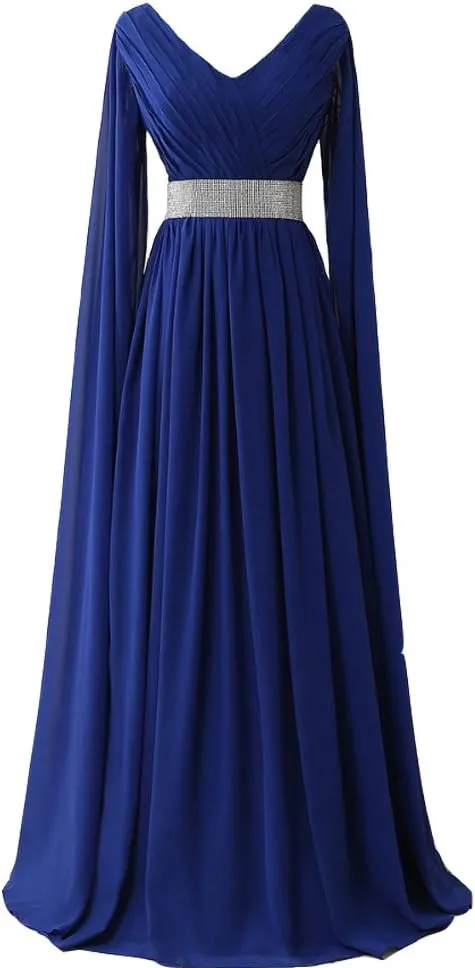 Kivary V Neck Long Sleeves Chiffon A Line Goddess Prom Vintage Evening Dresses