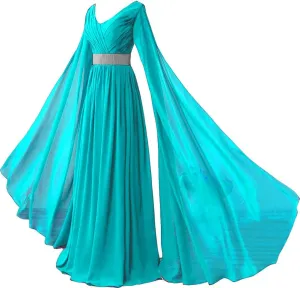 Kivary V Neck Long Sleeves Chiffon A Line Goddess Prom Vintage Evening Dresses