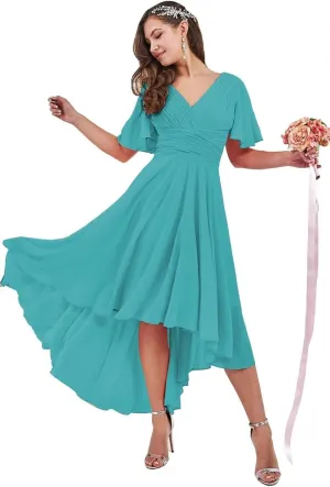 Kyeuan Ruffles Sleeve Bridesmaid Dresses with Pockets High Low Chiffon Formal Dresses for Women Wedding Guest