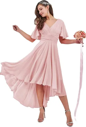 Kyeuan Ruffles Sleeve Bridesmaid Dresses with Pockets High Low Chiffon Formal Dresses for Women Wedding Guest