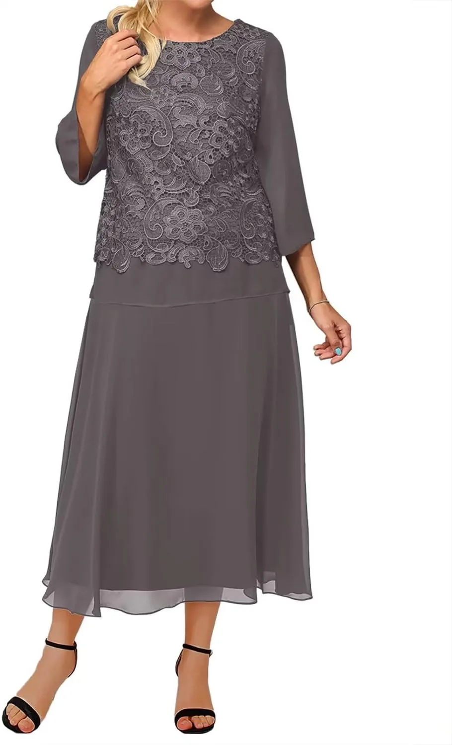 Lace Applique Mother of The Bride Dresses 2 Pieces Plus Size Long Chiffon Wedding Guest Dresses for Women