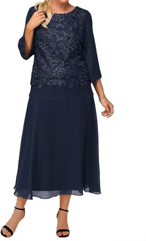 Lace Applique Mother of The Bride Dresses 2 Pieces Plus Size Long Chiffon Wedding Guest Dresses for Women