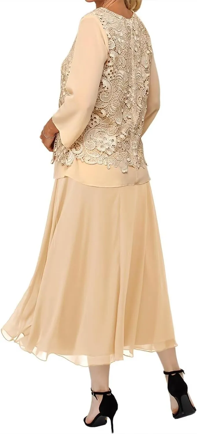 Lace Applique Mother of The Bride Dresses 2 Pieces Plus Size Long Chiffon Wedding Guest Dresses for Women