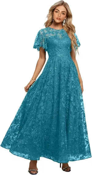 Lace Appliques Mother of The Bride Dresses for Wedding Short Sleeves Long Formal Evening Prom Dress