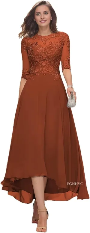 Lace Appliques Mother of The Bride Dresses for Wedding Tea Length 3/4 Sleeves Chiffon Formal Prom Gowns