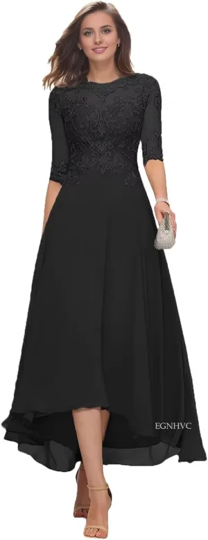 Lace Appliques Mother of The Bride Dresses for Wedding Tea Length 3/4 Sleeves Chiffon Formal Prom Gowns