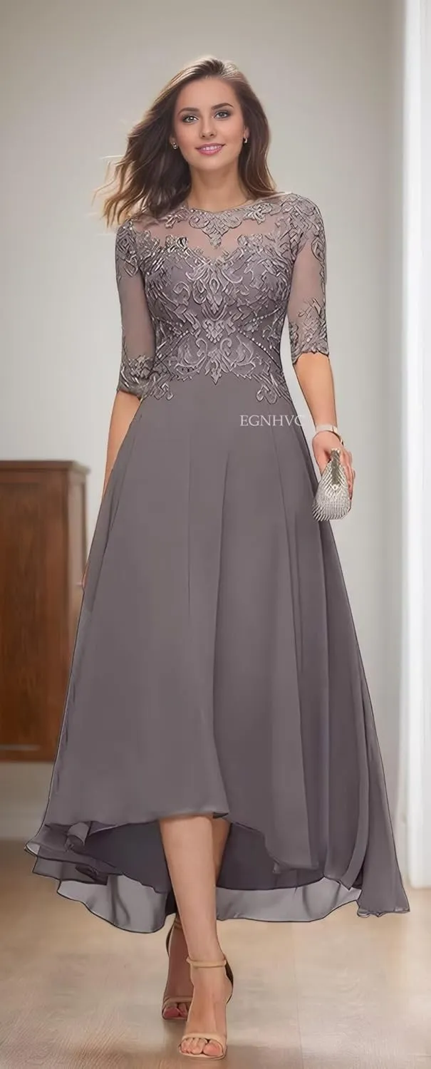 Lace Appliques Mother of The Bride Dresses for Wedding Tea Length 3/4 Sleeves Chiffon Formal Prom Gowns