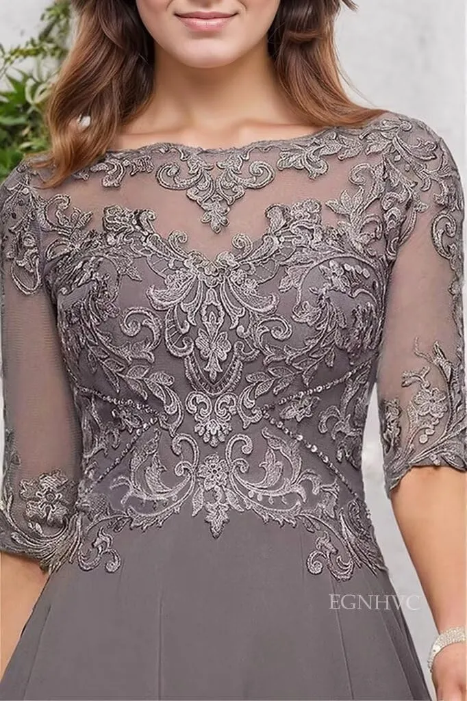 Lace Appliques Mother of The Bride Dresses for Wedding Tea Length 3/4 Sleeves Chiffon Formal Prom Gowns