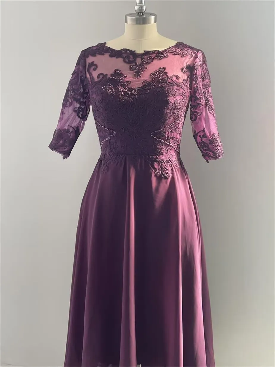 Lace Appliques Mother of The Bride Dresses for Wedding Tea Length 3/4 Sleeves Chiffon Formal Prom Gowns