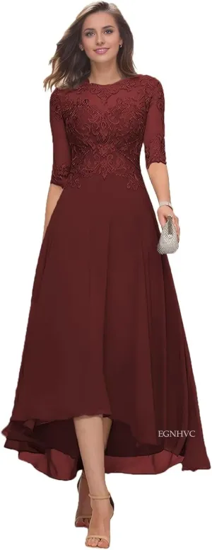 Lace Appliques Mother of The Bride Dresses for Wedding Tea Length 3/4 Sleeves Chiffon Formal Prom Gowns