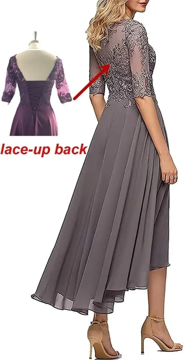 Lace Appliques Mother of The Bride Dresses for Wedding Tea Length 3/4 Sleeves Chiffon Formal Prom Gowns