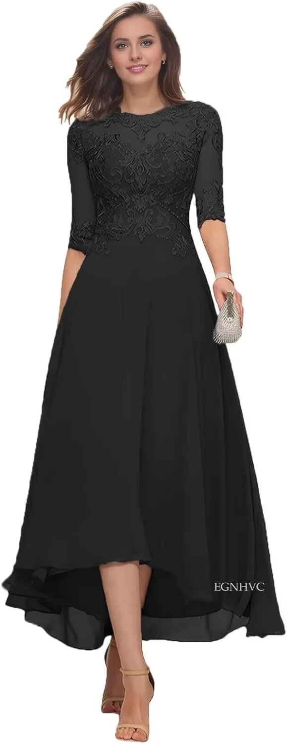Lace Appliques Mother of The Bride Dresses for Wedding Tea Length 3/4 Sleeves Chiffon Formal Prom Gowns