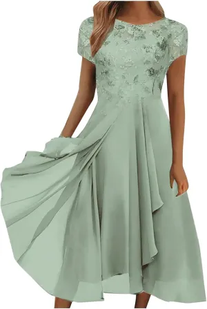 Lace Wedding Guest Dresses for Women Summer Elegant Lace Patchwork Party Dress Chiffon Formal Evening Dress