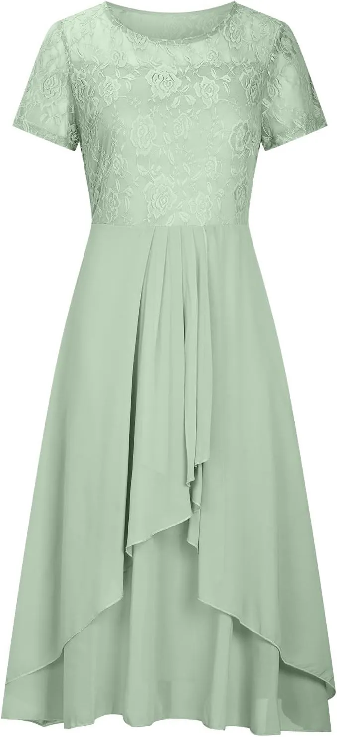 Lace Wedding Guest Dresses for Women Summer Elegant Lace Patchwork Party Dress Chiffon Formal Evening Dress