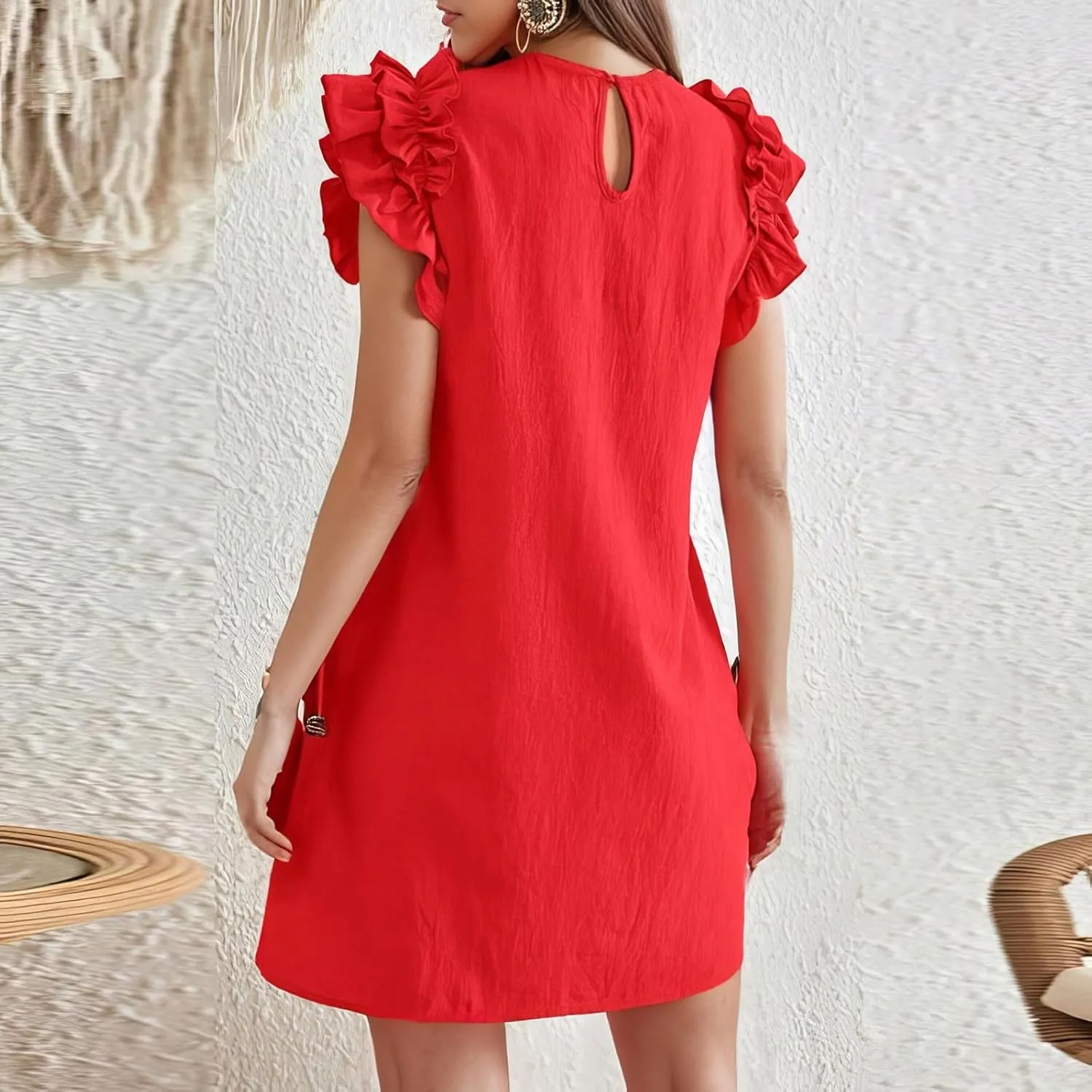 lcyhony Tshirt Dress Women Casual Summer Mini Ruffle Sleeve Crewneck Linen Dresses Loose fit Fashion Beach Vacation Sundress