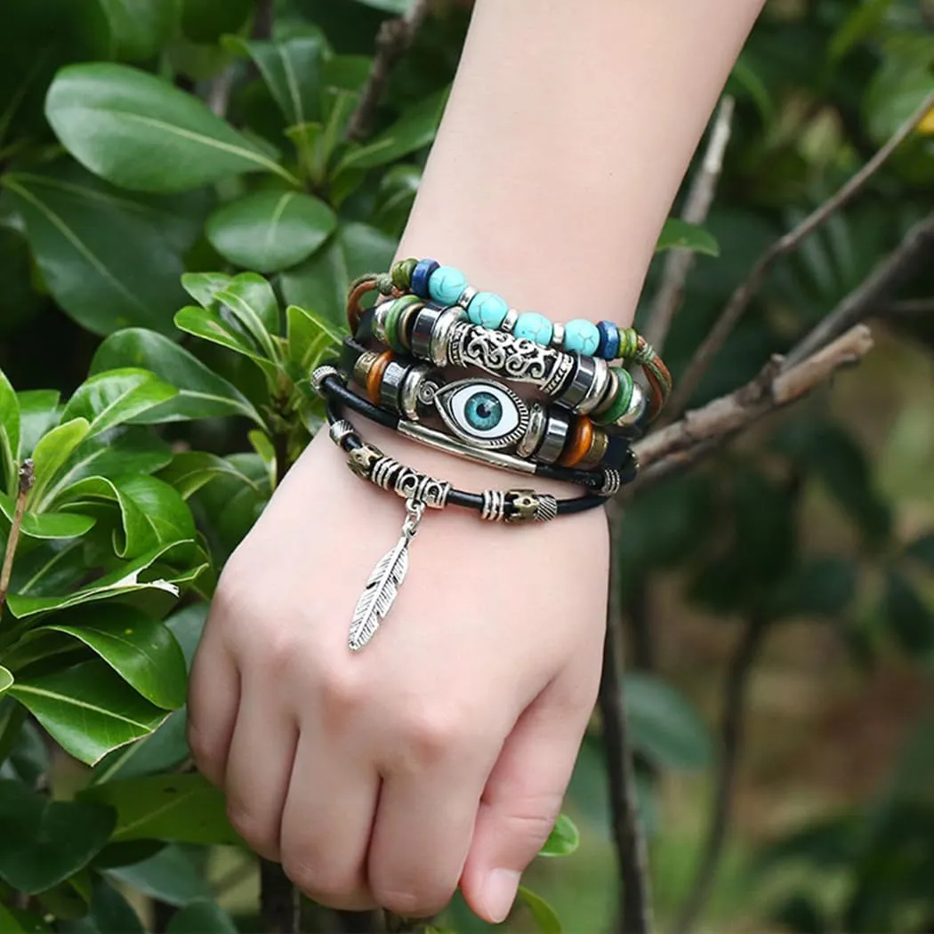 Leather Evil Eye Bracelets Braided Beaded Bracelet Black Stackable Bracelets for Women and Men