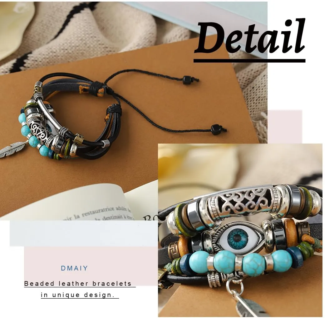 Leather Evil Eye Bracelets Braided Beaded Bracelet Black Stackable Bracelets for Women and Men