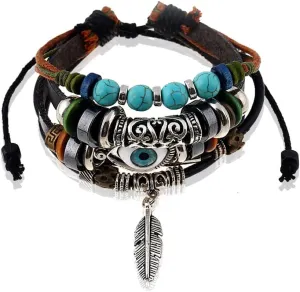 Leather Evil Eye Bracelets Braided Beaded Bracelet Black Stackable Bracelets for Women and Men