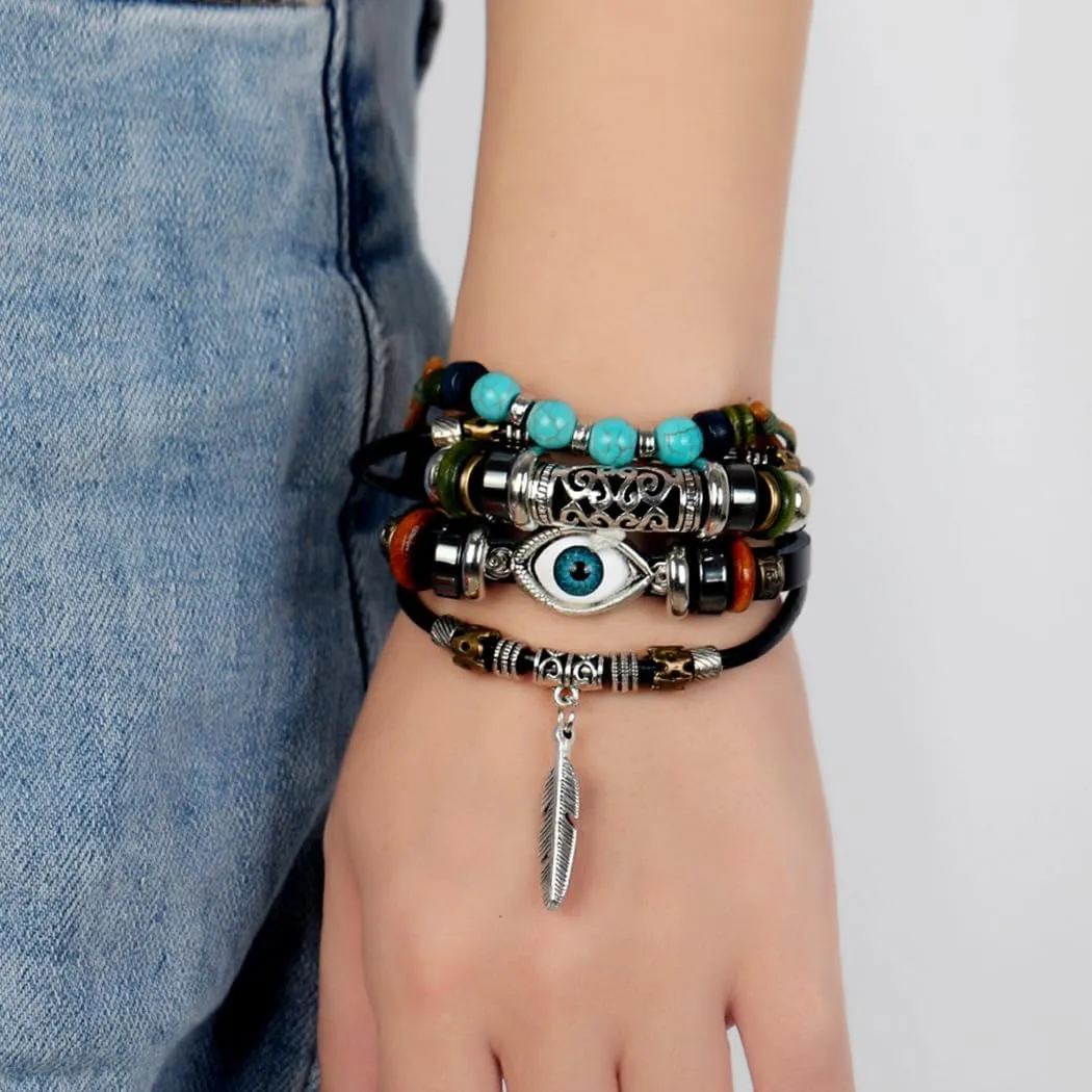 Leather Evil Eye Bracelets Braided Beaded Bracelet Black Stackable Bracelets for Women and Men
