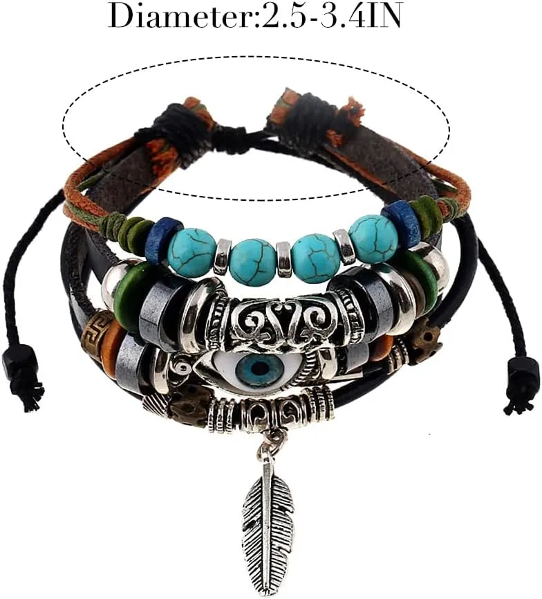 Leather Evil Eye Bracelets Braided Beaded Bracelet Black Stackable Bracelets for Women and Men