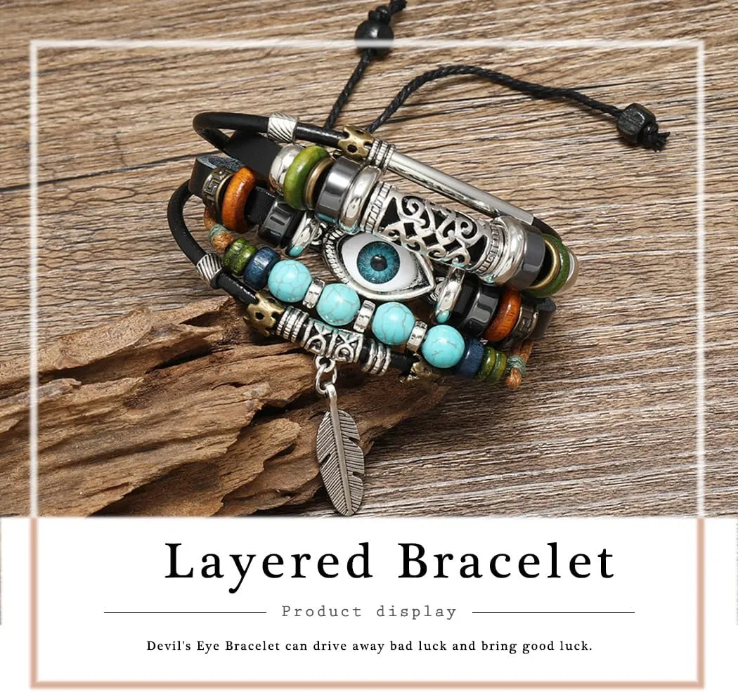 Leather Evil Eye Bracelets Braided Beaded Bracelet Black Stackable Bracelets for Women and Men